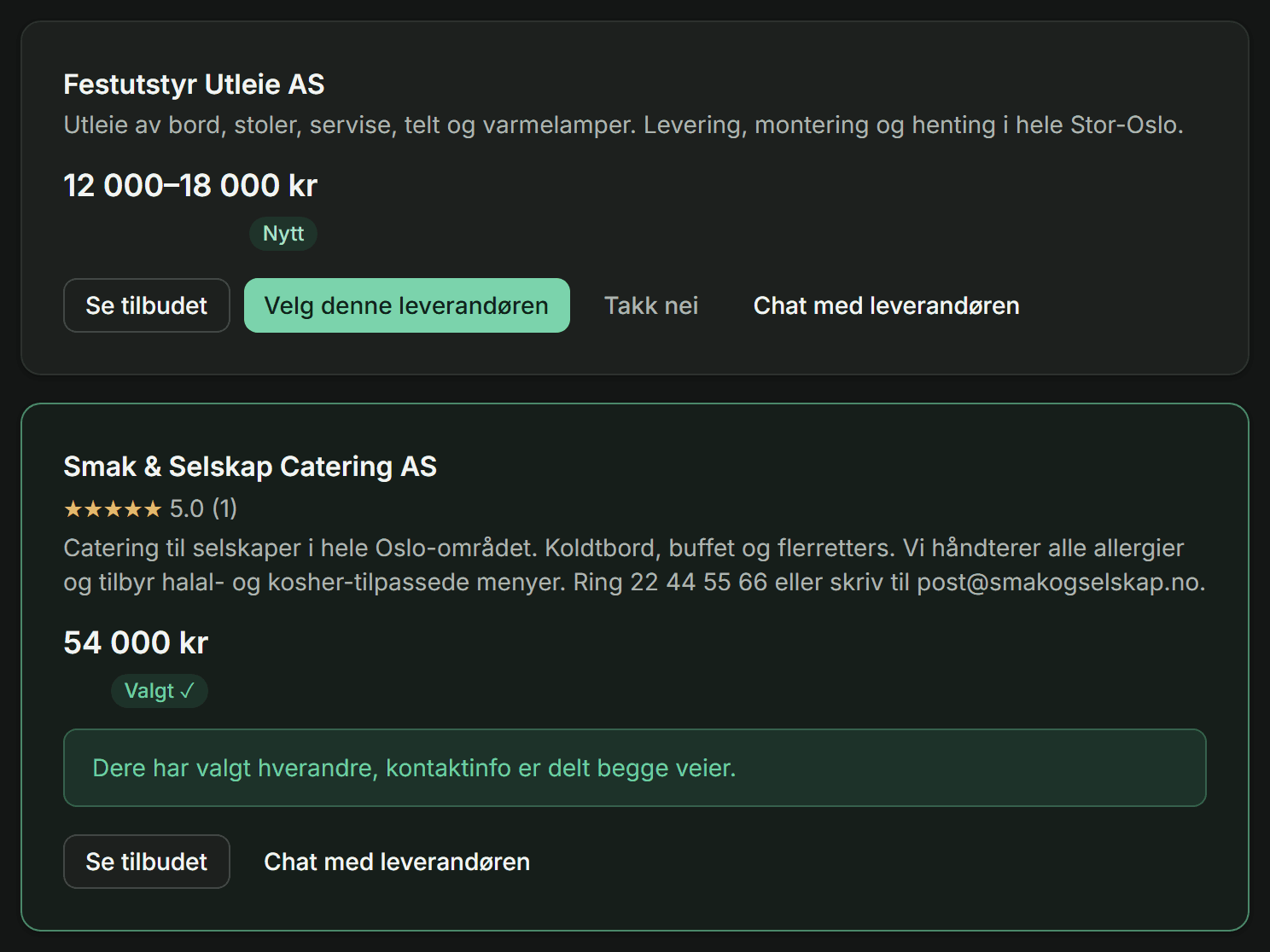 Skjermbilde av tilbudslisten der du sammenligner tilbud