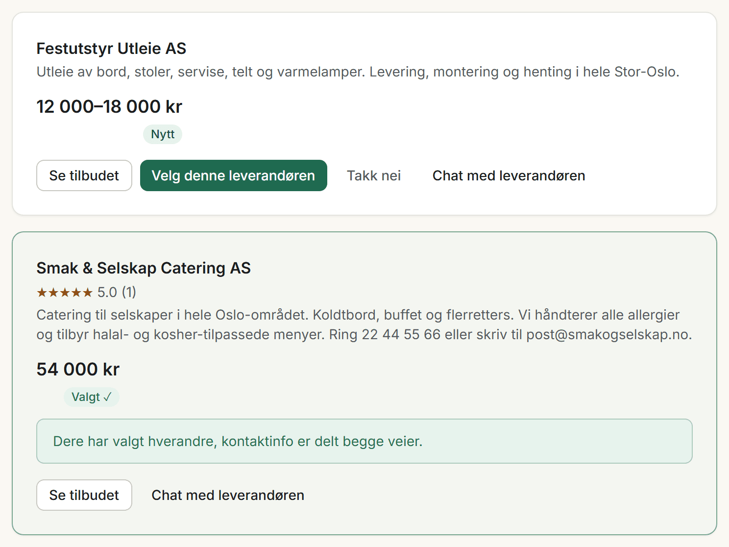 Skjermbilde av tilbudslisten der du sammenligner tilbud